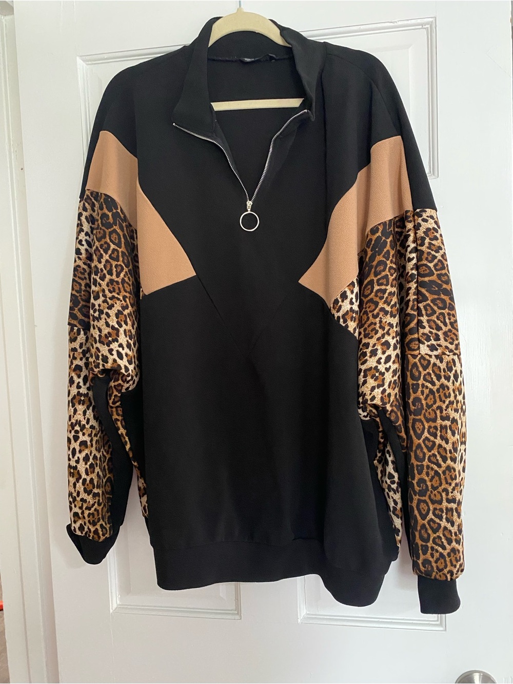SHEIN Black Pullover Sweater with Tan Panels & Leopard Print Sleeves
